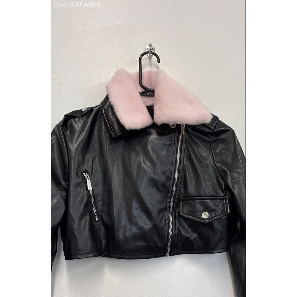 Forever 21 Pink/Black Women's Faux Fur-Trim Cropped Moto Jacket‎ - Size S